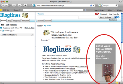 Advertisement on Bloglines' home page